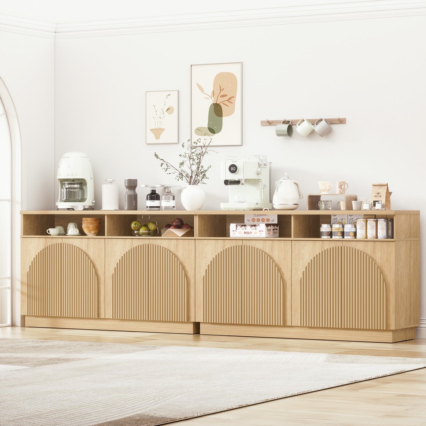 Brafabhome 55" Fluted Sideboard Buffet Cabinet with Arched Reeded Doors, Modern Credenza Storage Cabinet with Open Storage & Adjustable Shelves for Living Room & Dinning Room