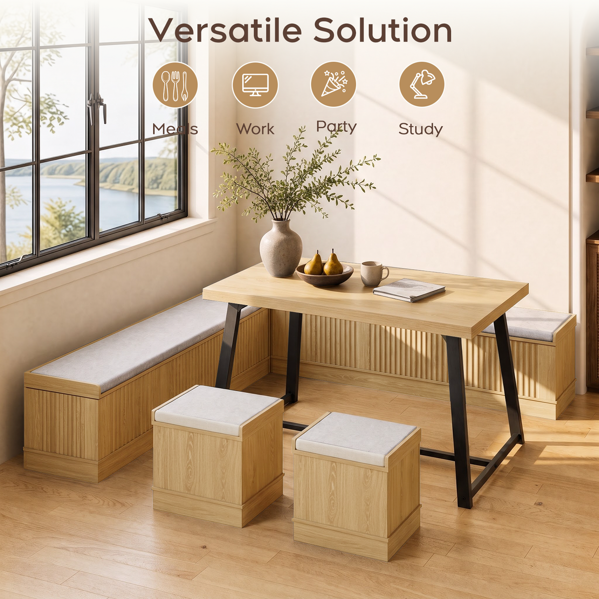 Brafabhome Corner Dining Table Set with Storage Bench, 6-Piece Breakfast Nook Table Set with Cushions Stool for Small Space Kitchen, Apartment & Dining Room