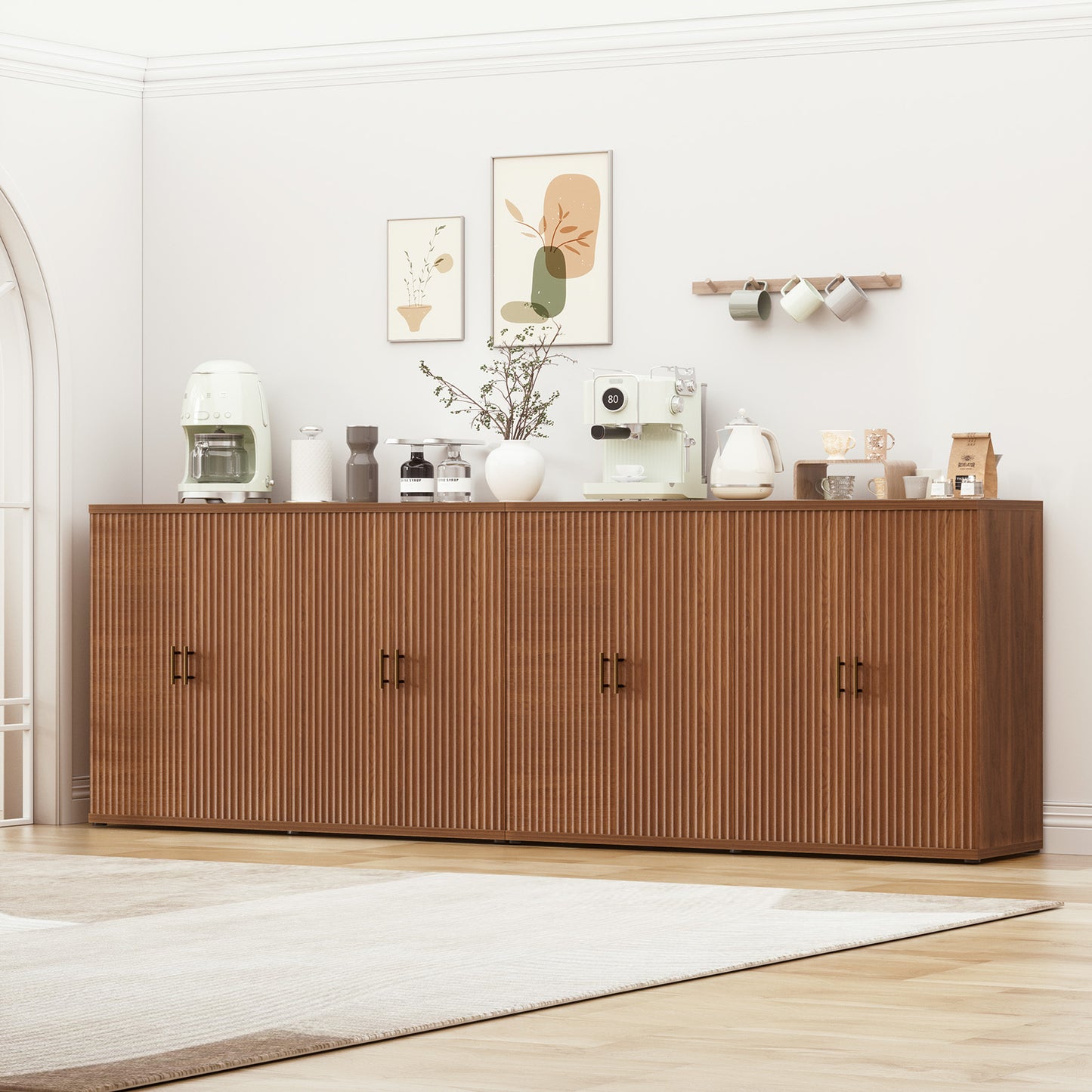 Brafabhome Accent Fluted Sideboard Buffet Cabinet with 4 Doors, Modern Credenza Storage Cabinet with Adjustable & Removable Shelves for Living Room Dinning Room Entryway