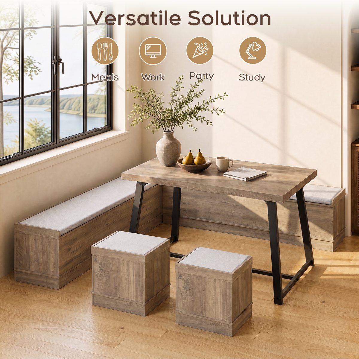 Brafabhome Corner Dining Table Set with Storage Bench, 6-Piece Breakfast Nook Table Set with Cushions Stool for Small Space Kitchen, Apartment & Dining Room