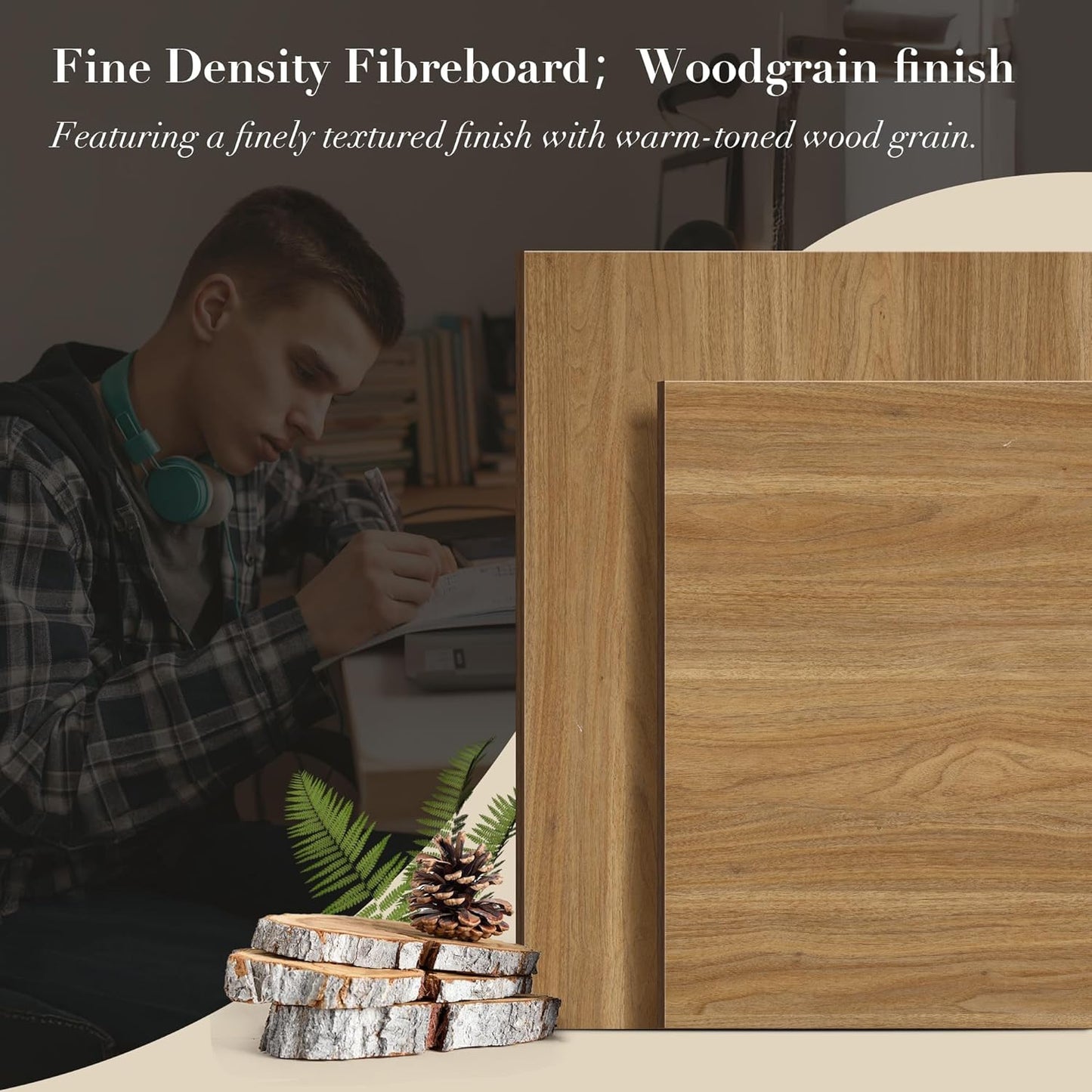 Brafabhome 57" Rattan Executive Desk with 5 Storage Drawers, Modern Study Writing Table Wooden Computer Desks with Charging Station for Home Office Bedroom