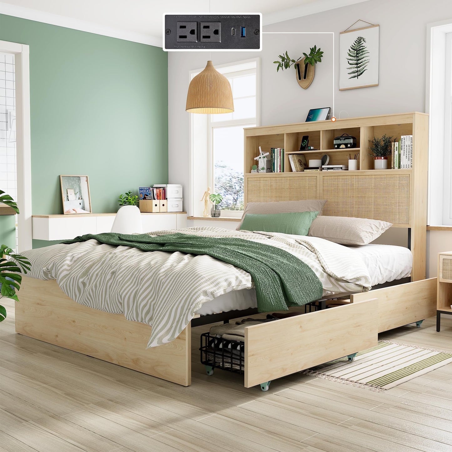 Brafabhome Boho Rattan Queen Beds with Charging Station Headboard, Farmhouse Wood Bed Frames With 10 Storage Drawers for Bedroom Apartment Hotel, No Box Spring Needed