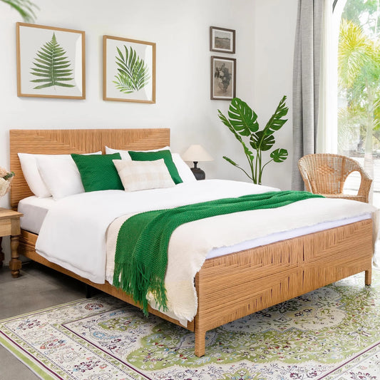 Brafabhome Rattan Queen Bed Frame with Headboard and Footboard