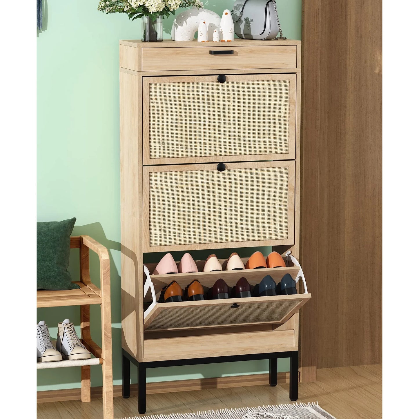 Brafabhome Shoe Rack Storage Organizer with 3 Flip Doors, Entryway Wooden Shoe Cabinet for Sneakers, Leather Shoes, High Heels, Slippers
