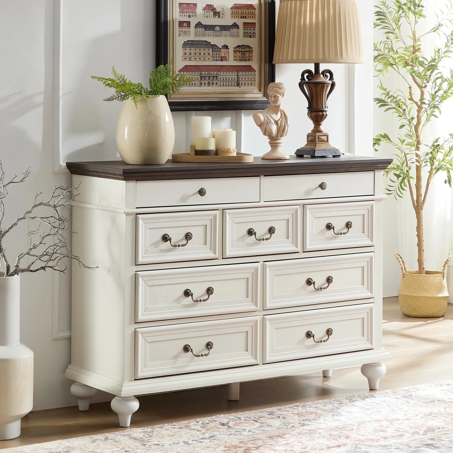 6 Drawer Dresser for Bedroom with Shelves Storage, 47'' Wide Farmhouse Thickened Wood Chest of Drawers, 35'' Tall Mid Century Modern Dressers Organizer for Living Room, Closet, Hallway