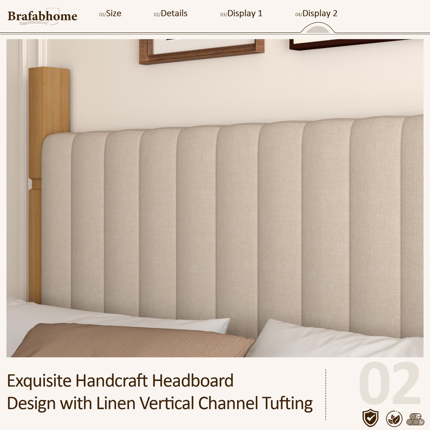 Brafabhome Bed Frame with Upholstered Headboard, Modern Wood Bed Frame with Solid Wood Posts, No Box Spring Needed, Beige Linen