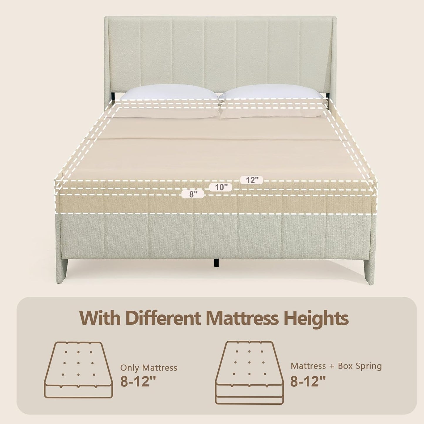 Brafabhome Beige Boucle Upholstered Bed Frame with Wingback Headboard, Modern Platform Bed with Wooden Slats, No Box Spring Needed, 800 lbs