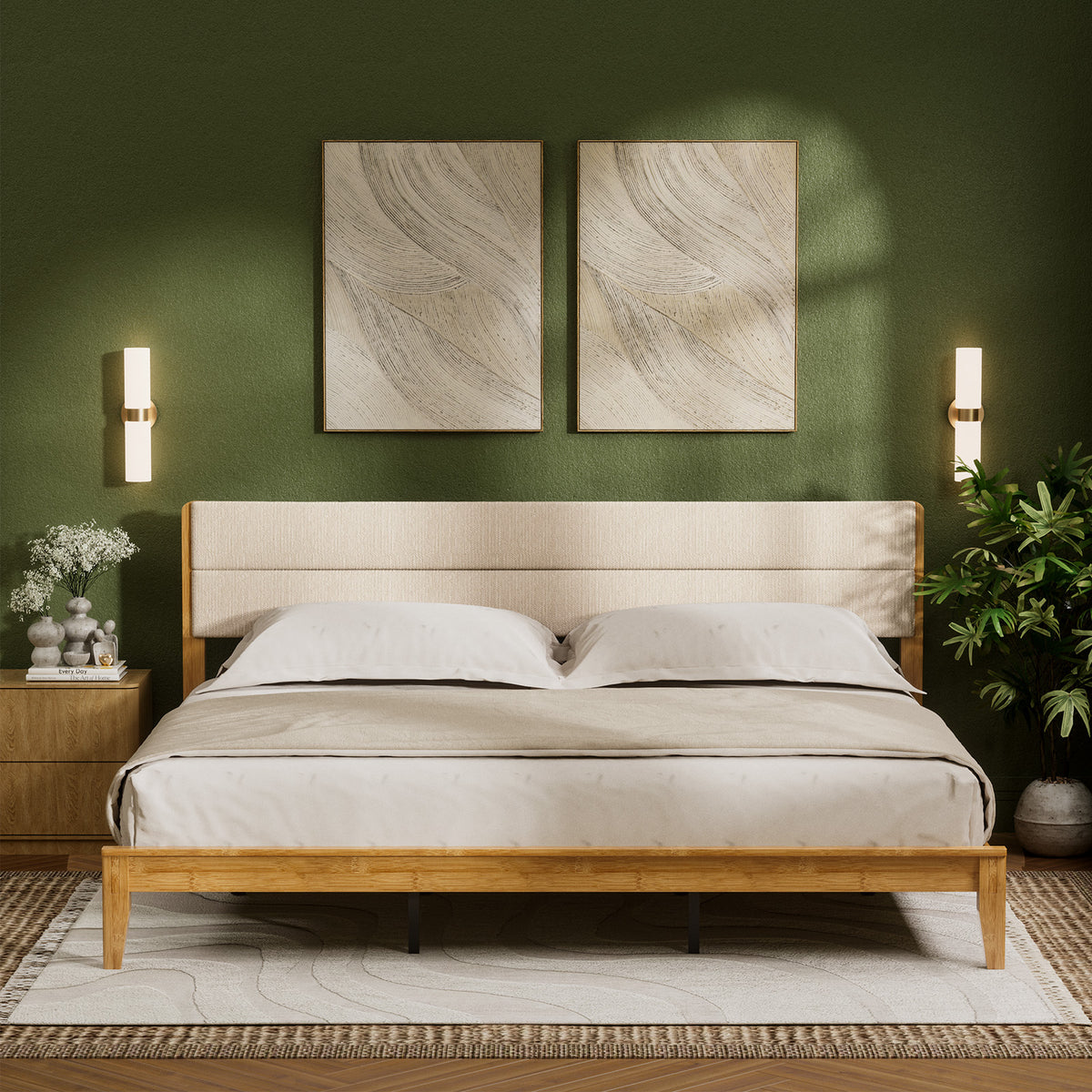 Brafabhome Bed Frame with Upholstered Headboard, Joinery Bamboo Wood Platform Bed with Noise Free Wood Slats, No Box Spring Needed, Easy Assembly
