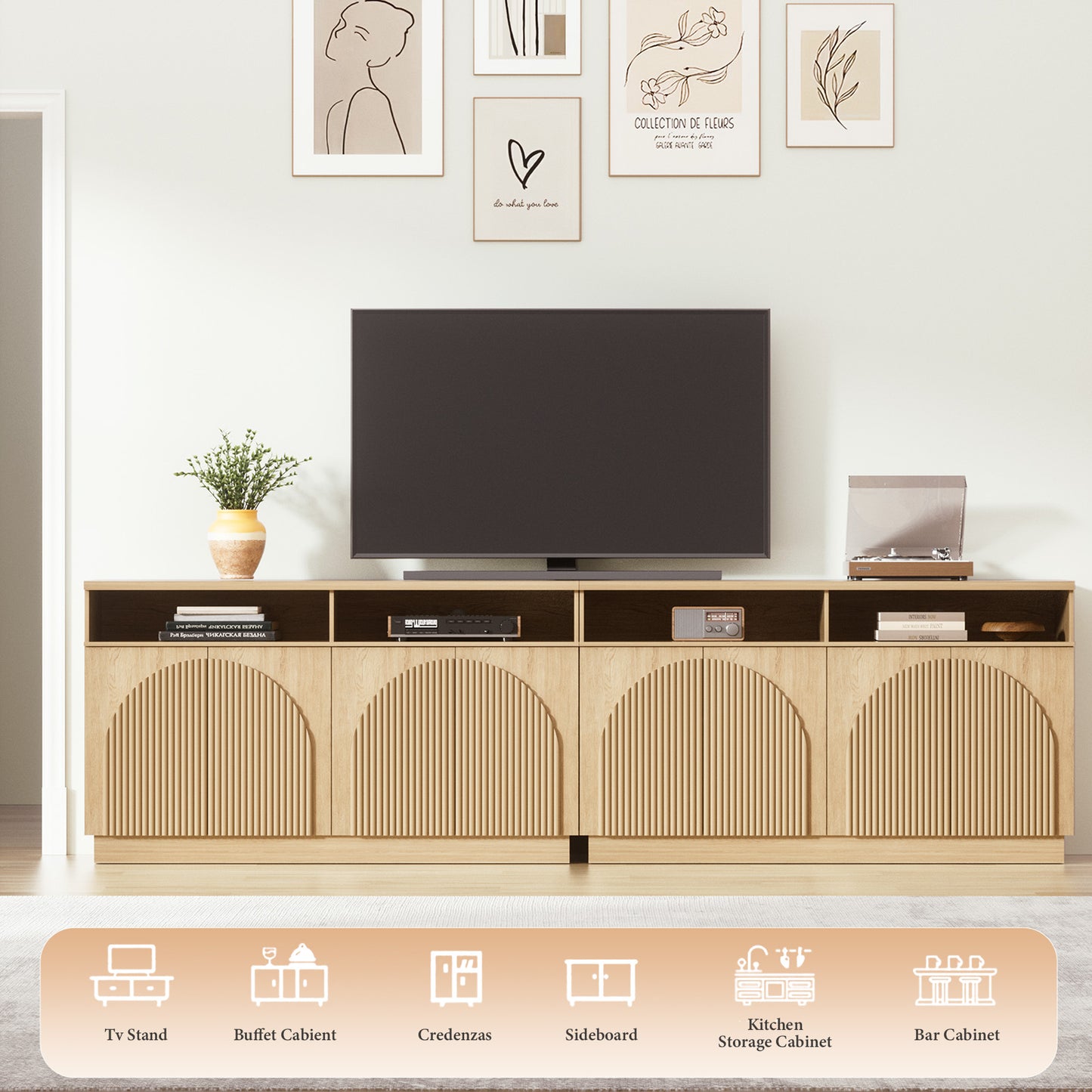Brafabhome 55" Fluted Sideboard Buffet Cabinet with Arched Reeded Doors, Modern Credenza Storage Cabinet with Open Storage & Adjustable Shelves for Living Room & Dinning Room
