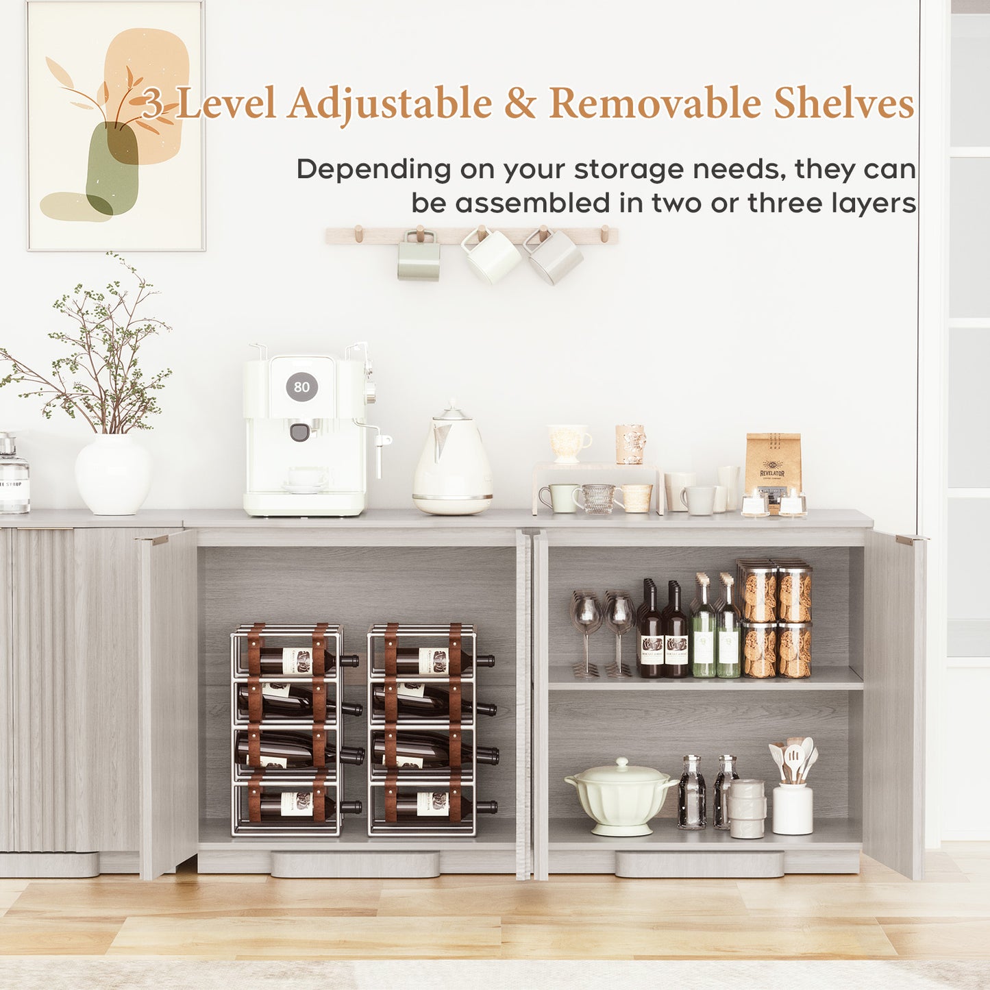 Brafabhome Fluted Buffet Cabinet with Storage, Accent Sideboard Credenza with Adjustable Shelves, Modern Curved Media Console Coffee Bar Table for Living Kitchen Dining Room