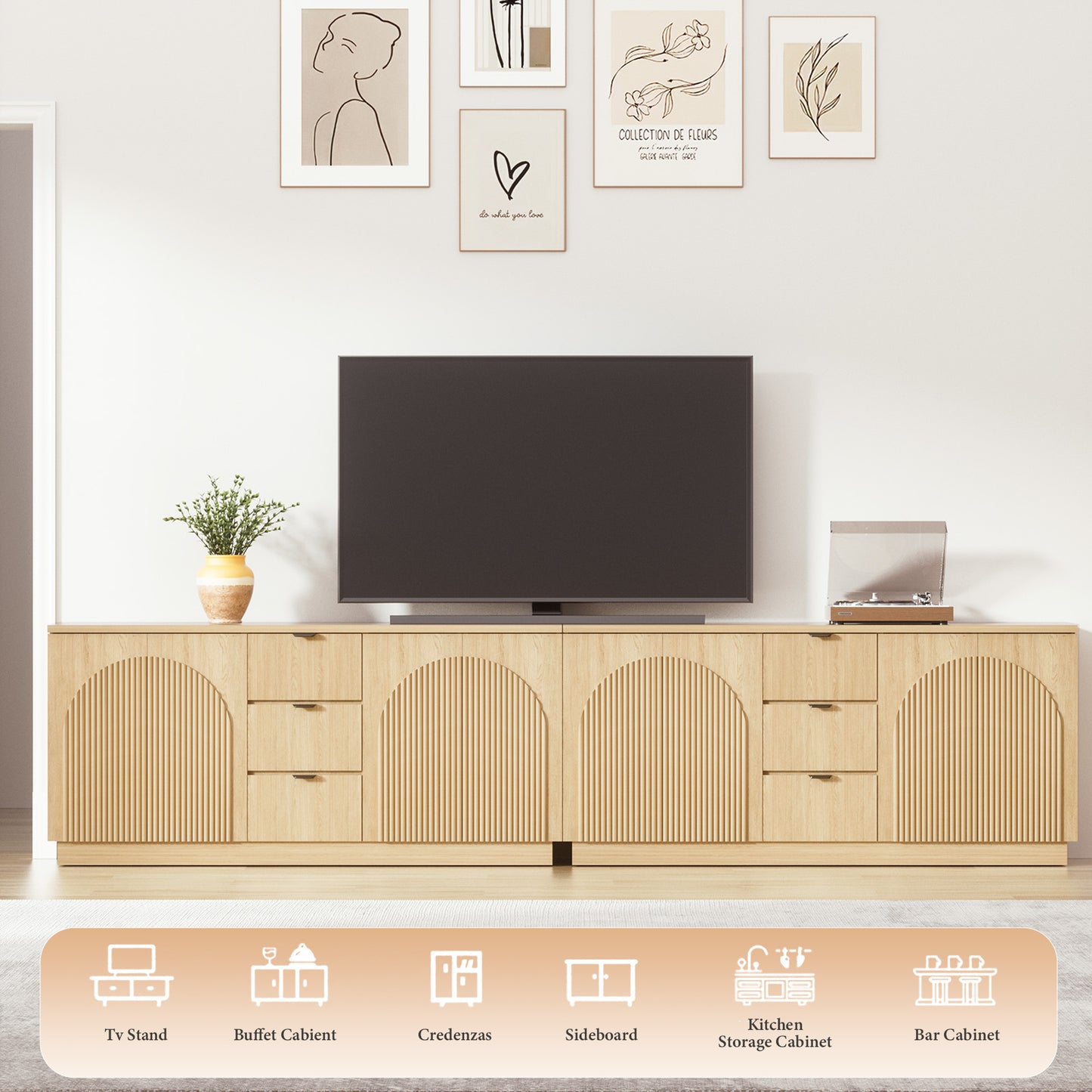 Brafabhome 67" Fluted Sideboard Buffet Cabinet with 3 Drawers, Modern Credenza Storage Cabinet with Arched Reeded Design Doors & Adjustable Shelves