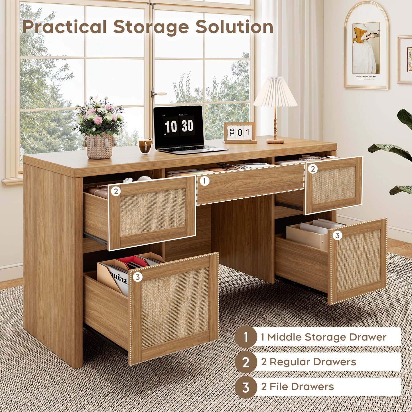 Brafabhome 57" Rattan Executive Desk with 5 Storage Drawers, Modern Study Writing Table Wooden Computer Desks with Charging Station for Home Office Bedroom