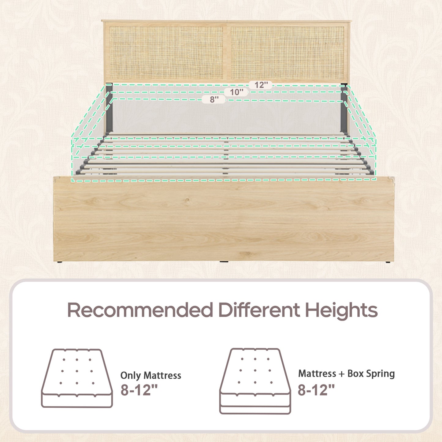 Brafabhome Rattan Bed Frames with Headboard, Wood Platform Bed Frame with 4 Storage Drawers, Mattress Foundation Noise-Free | Beige