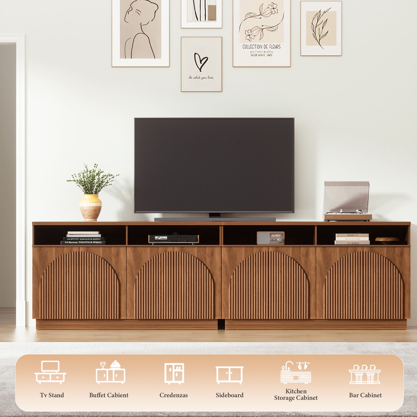 Brafabhome 55" Fluted Sideboard Buffet Cabinet with Arched Reeded Doors, Modern Credenza Storage Cabinet with Open Storage & Adjustable Shelves for Living Room & Dinning Room