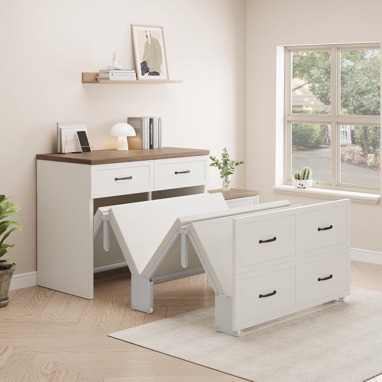 Murphy Bed with Mattress Included,33x76 Inches Twin Size Hideaway Bed with 2 large drawers,Easy Pull Out and Folding,2 in 1 Small Fold up Space Saving WallBed