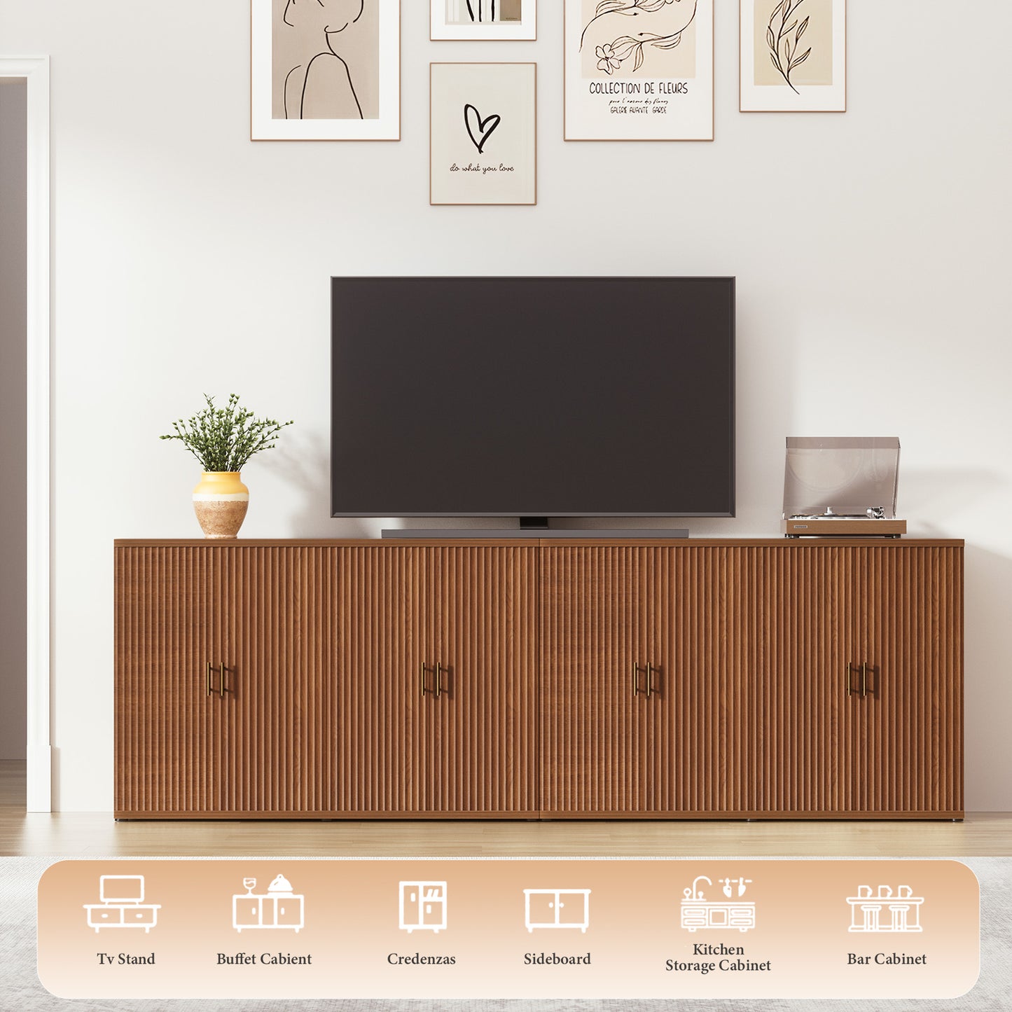 Brafabhome Accent Fluted Sideboard Buffet Cabinet with 4 Doors, Modern Credenza Storage Cabinet with Adjustable & Removable Shelves for Living Room Dinning Room Entryway