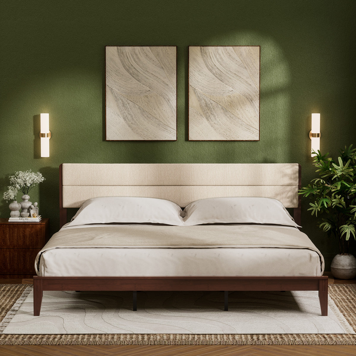 Brafabhome Bed Frame with Upholstered Headboard, Joinery Bamboo Wood Platform Bed with Noise Free Wood Slats, No Box Spring Needed, Easy Assembly