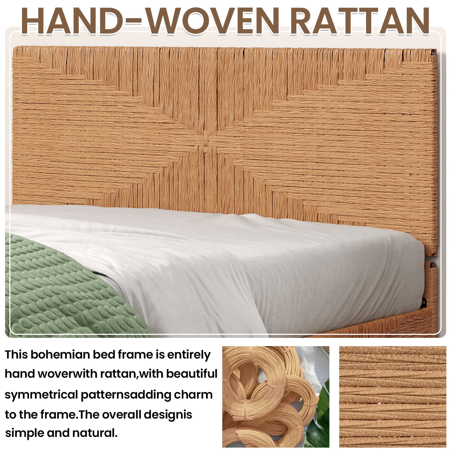 Brafabhome Bohemian Bed Frame with Hand-Woven Rattan Headboard and Footboard, No Box Spring Needed, 1000lbs