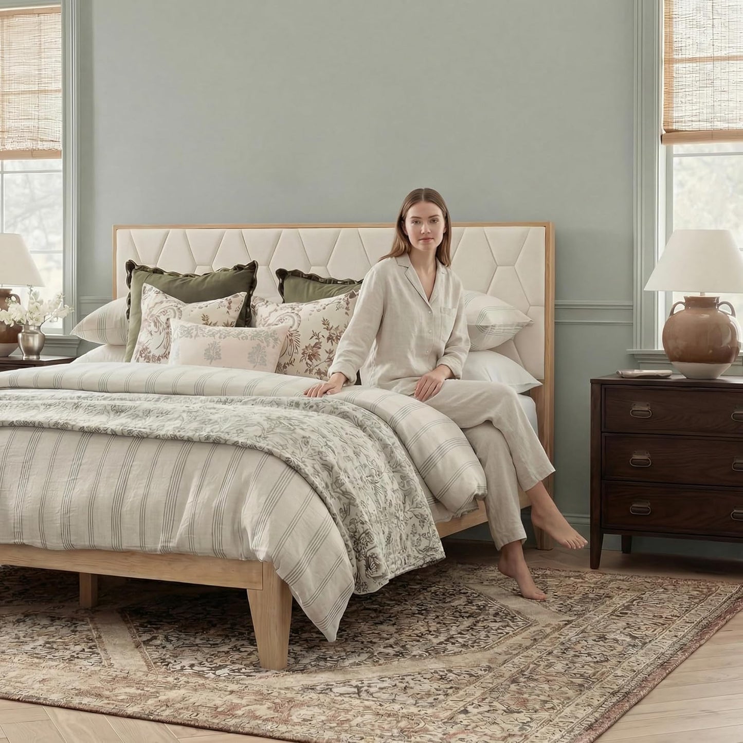 Brafabhome Bed Frame with Velvet Upholstered Headboard, Wood Platform Bed with Under-Bed Storage, No Box Spring Needed