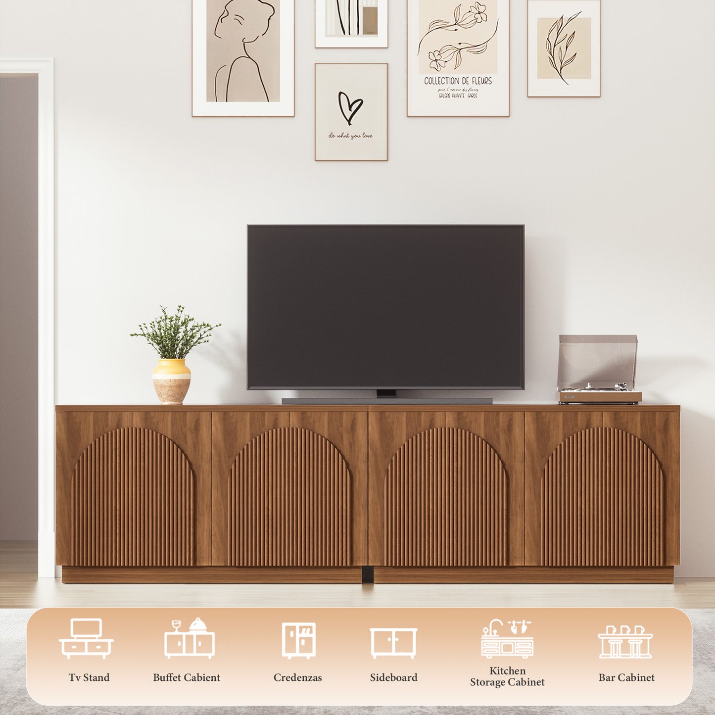 Brafabhome Accent Sideboards Buffet Cabinet with Arched Reeded Design Door, Modern Credenza Storage Cabinet with Adjustable & Removable Shelves for Living Room Bedroom Dinning Room