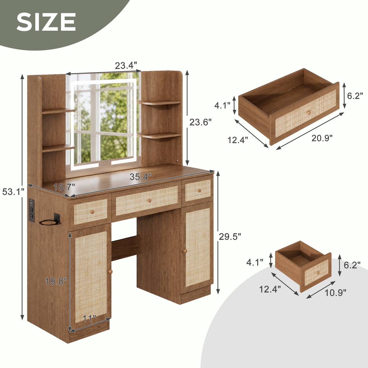 Brafabhome Boho Makeup Vanity Table with Lighted Mirror and USB Power, Rattan Vanity Table with Storage Shelves and Hair Dryer Stand for Makeup Room Bedroom