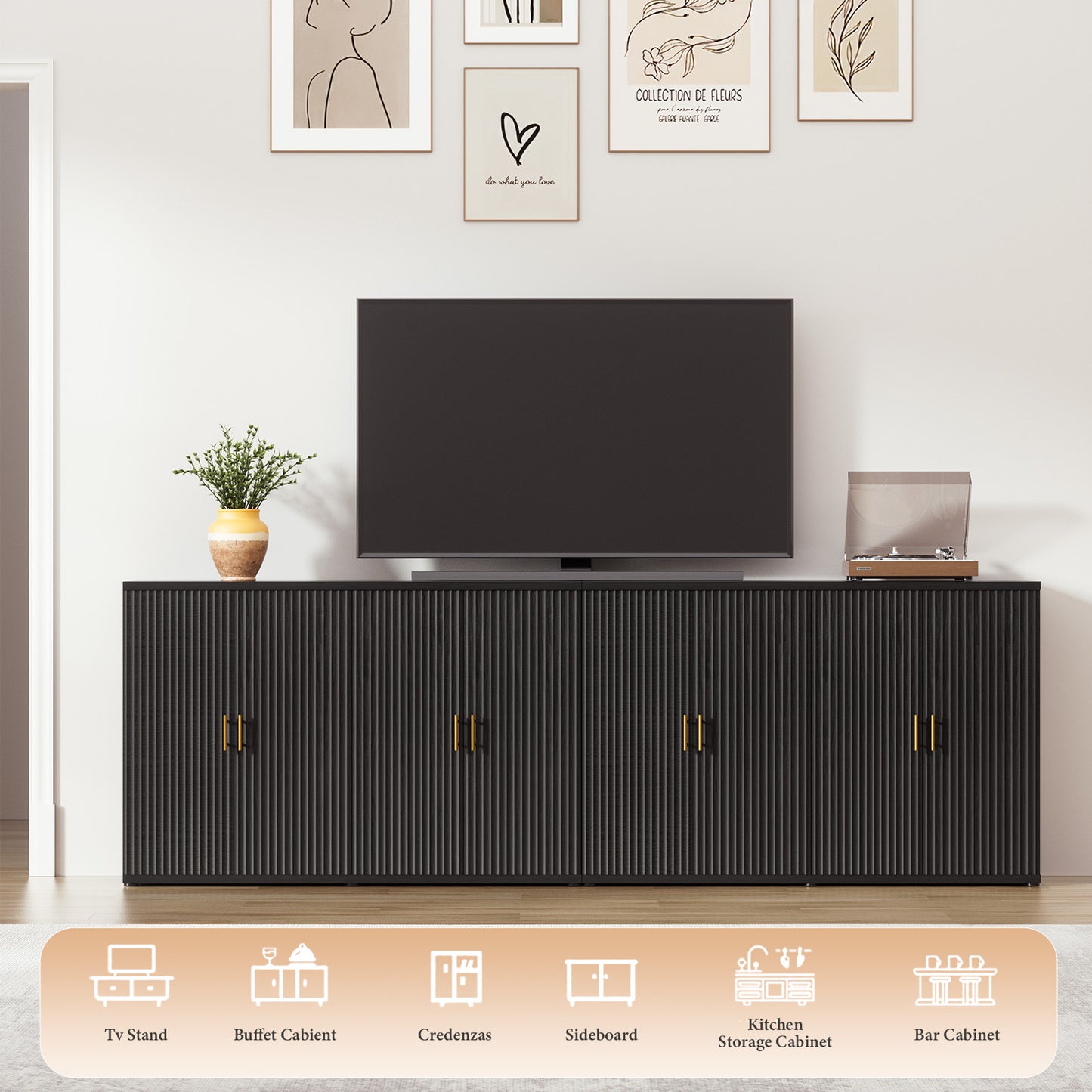 Brafabhome Accent Fluted Sideboard Buffet Cabinet with 4 Doors, Modern Credenza Storage Cabinet with Adjustable & Removable Shelves for Living Room Dinning Room Entryway