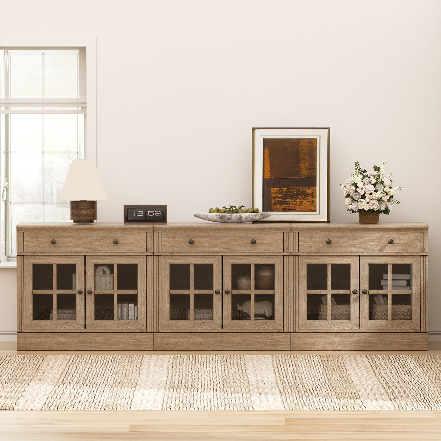 Brafabhome 31.5"W Sideboard Cabinet with Drawer & Glass Doors, Farmhouse Buffet Storage Credenza with Adjustable Shelf, Modern Coffee Bar Console for Living Room Dining Room | Light Oak