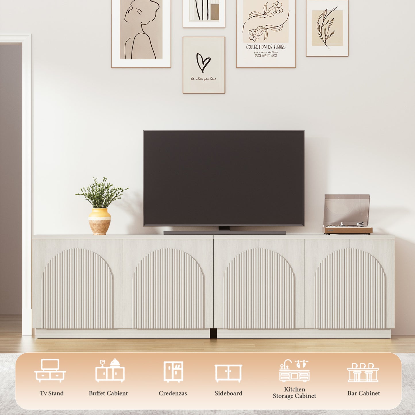 Brafabhome Accent Sideboards Buffet Cabinet with Arched Reeded Design Door, Modern Credenza Storage Cabinet with Adjustable & Removable Shelves for Living Room Bedroom Dinning Room
