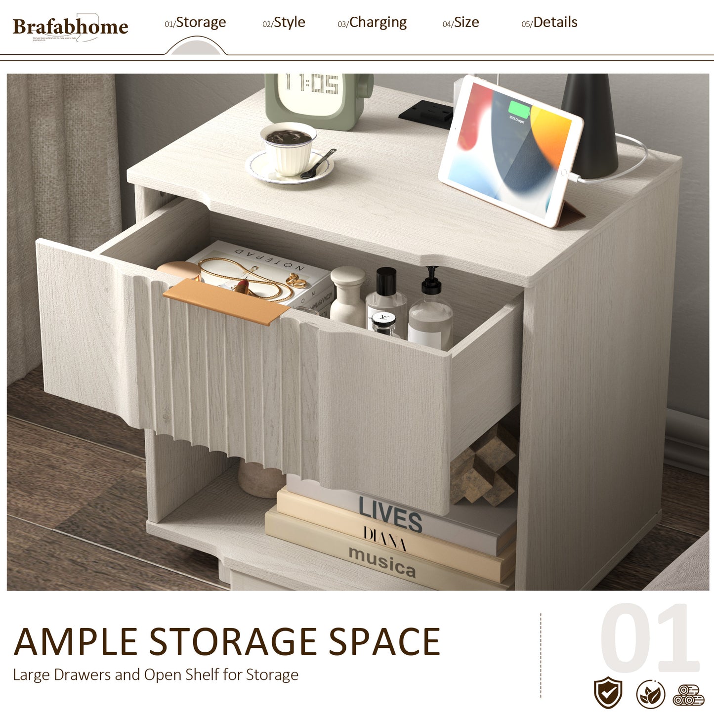 rafabhome Curved Profile Fluted Nightstand with Charging Station, Modern Large Nightstands with Drawer, Wood Bedside Table with Open Shelf for Bedroom Living Room Home Office