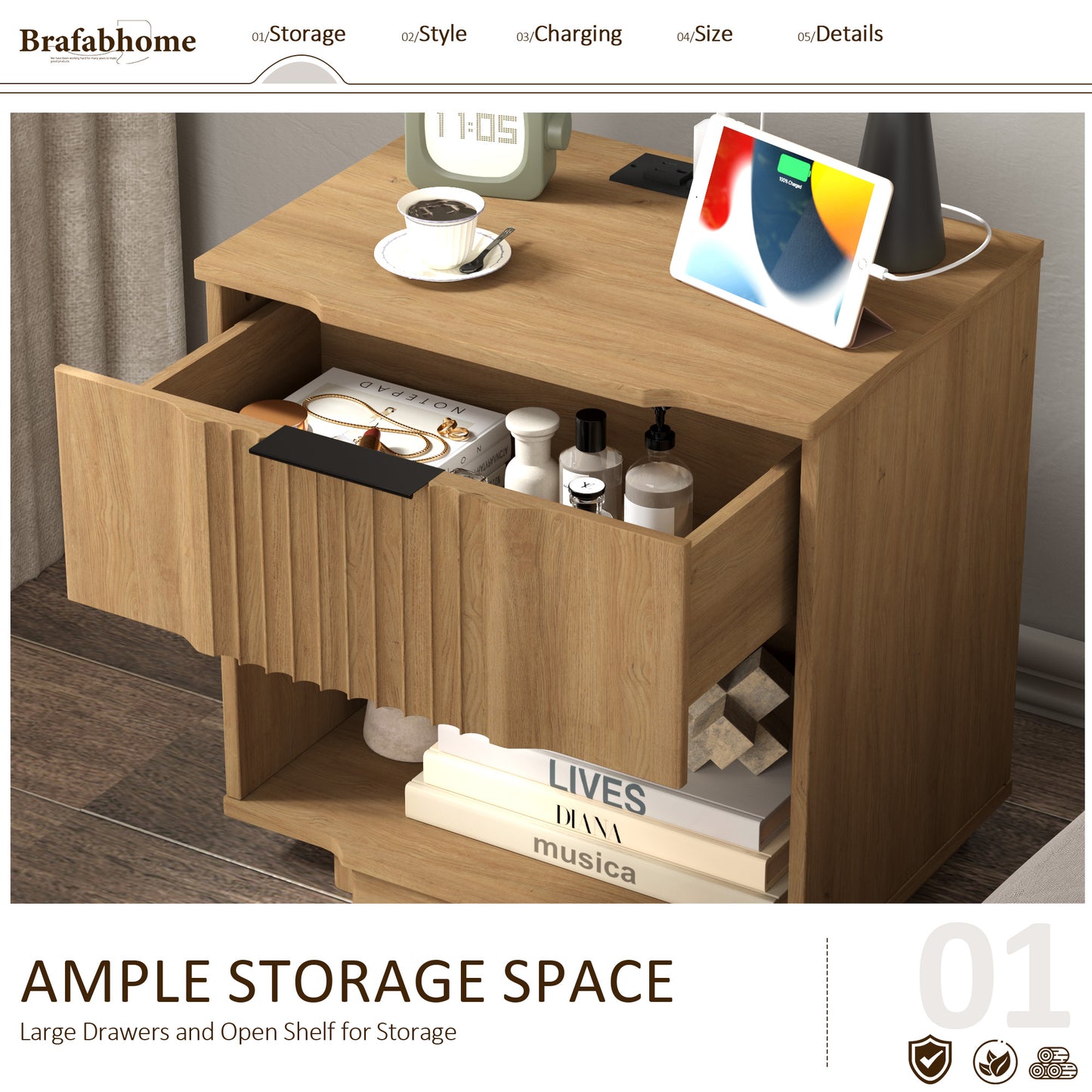 rafabhome Curved Profile Fluted Nightstand with Charging Station, Modern Large Nightstands with Drawer, Wood Bedside Table with Open Shelf for Bedroom Living Room Home Office