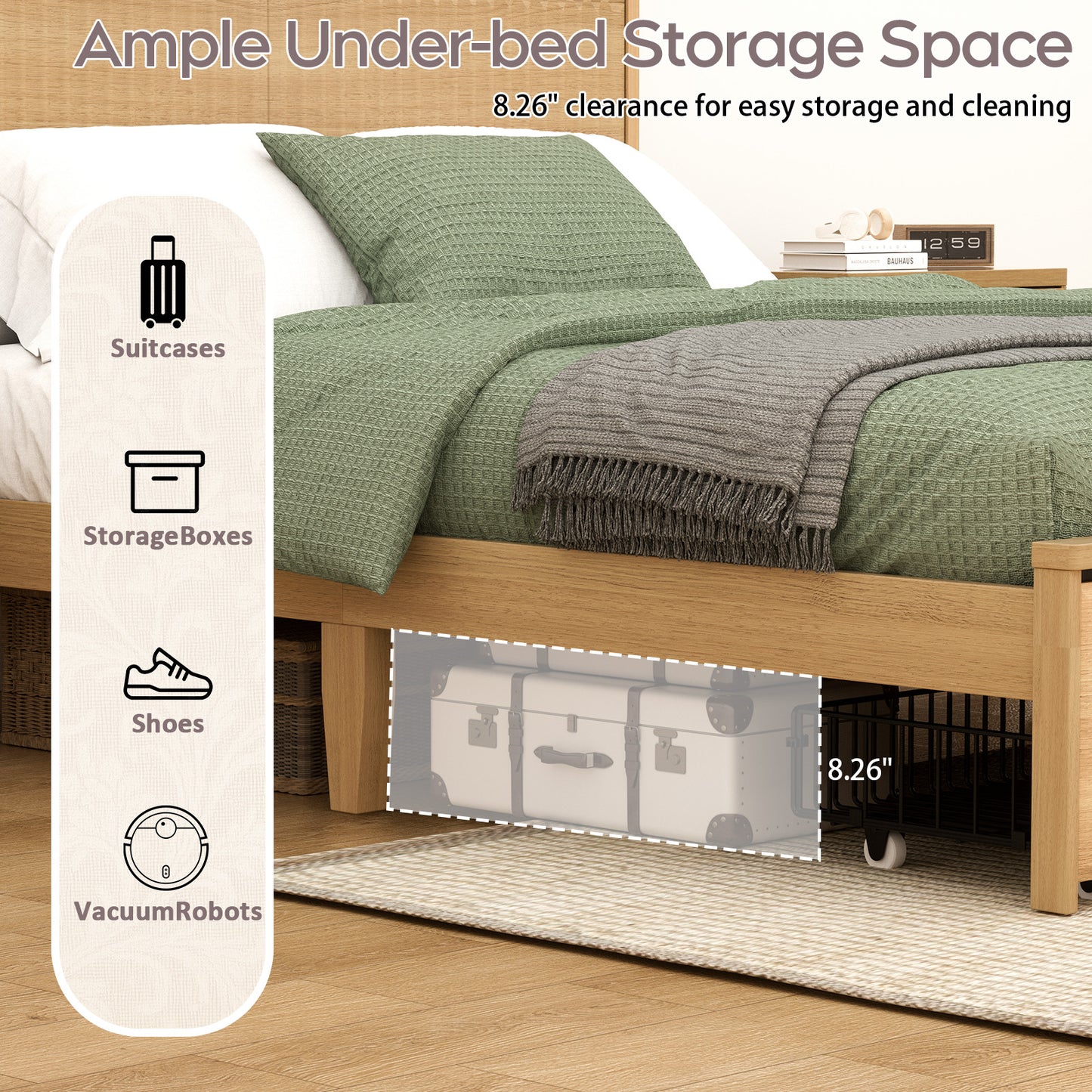Brafabhome Accent Fluted Queen Bed Frame with Charging Station Headboard, Retro Wood Platform Bed Frame with Solid Wood Leg and 2 Storage Drawers for Bedroom Apartment, No Box Spring Needed