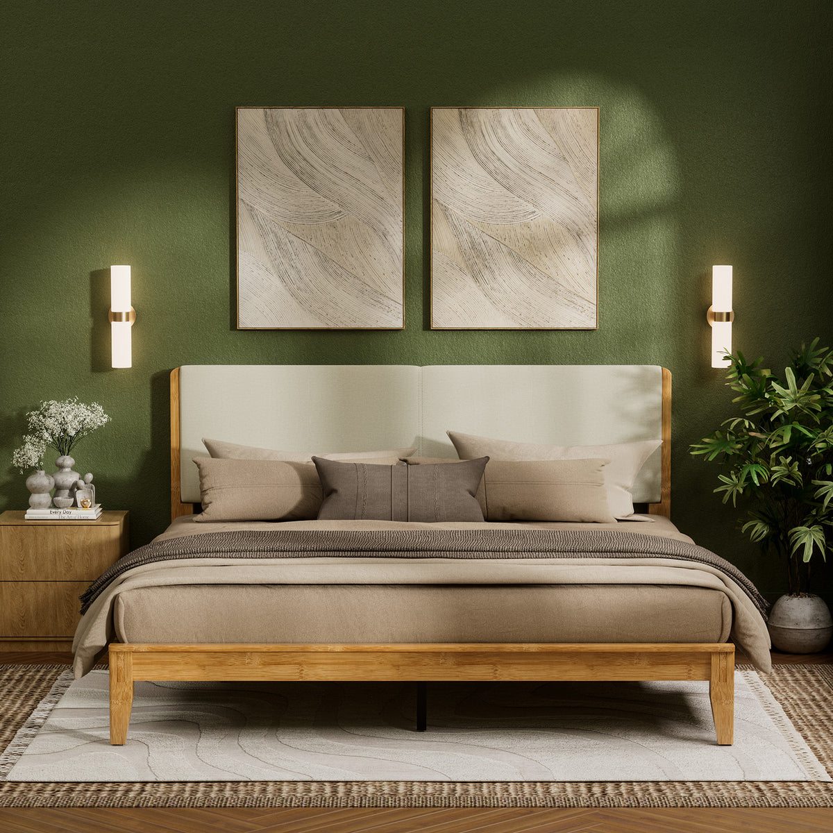 Brafabhome Bed Frame with Upholstered Headboard, Joinery Bamboo Wood Platform Bed with Noise Free Wood Slats, Easy Assembly, No Box Spring Needed