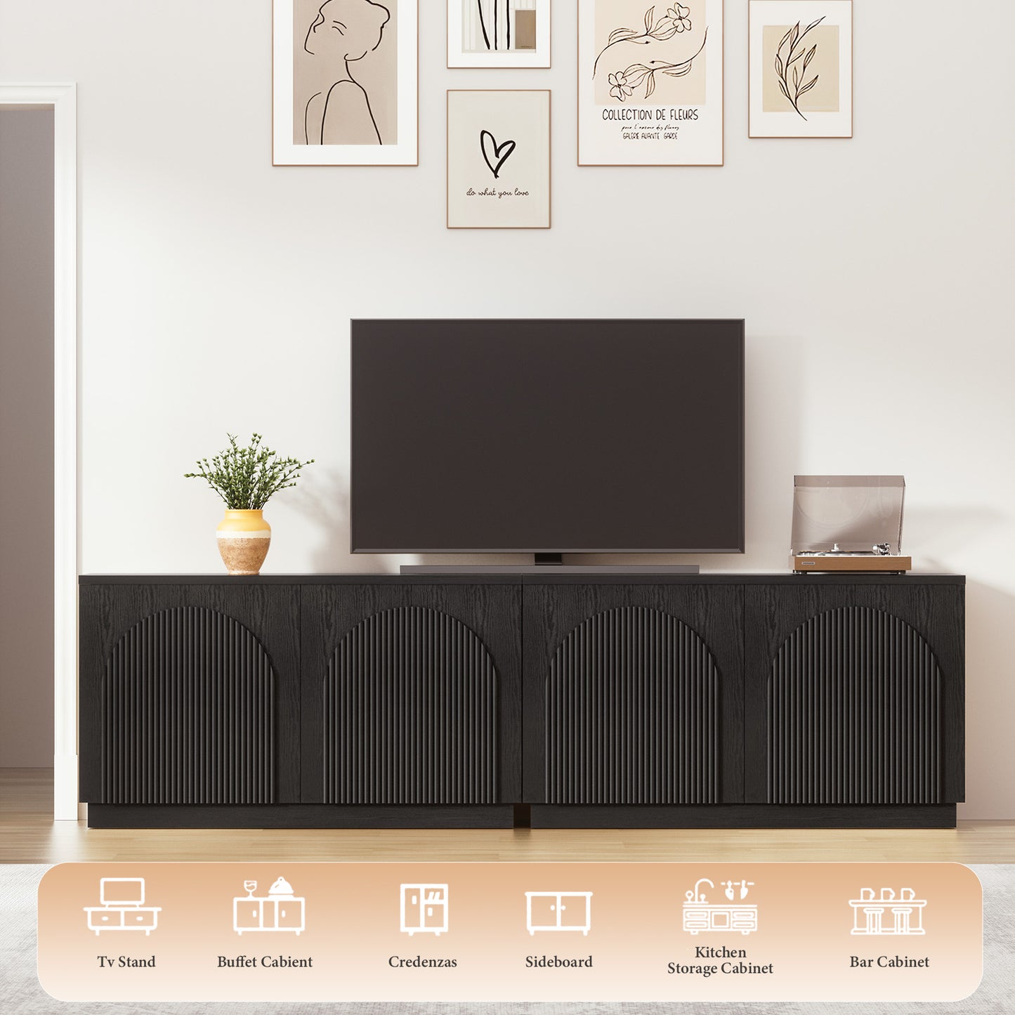 Brafabhome Accent Sideboards Buffet Cabinet with Arched Reeded Design Door, Modern Credenza Storage Cabinet with Adjustable & Removable Shelves for Living Room Bedroom Dinning Room
