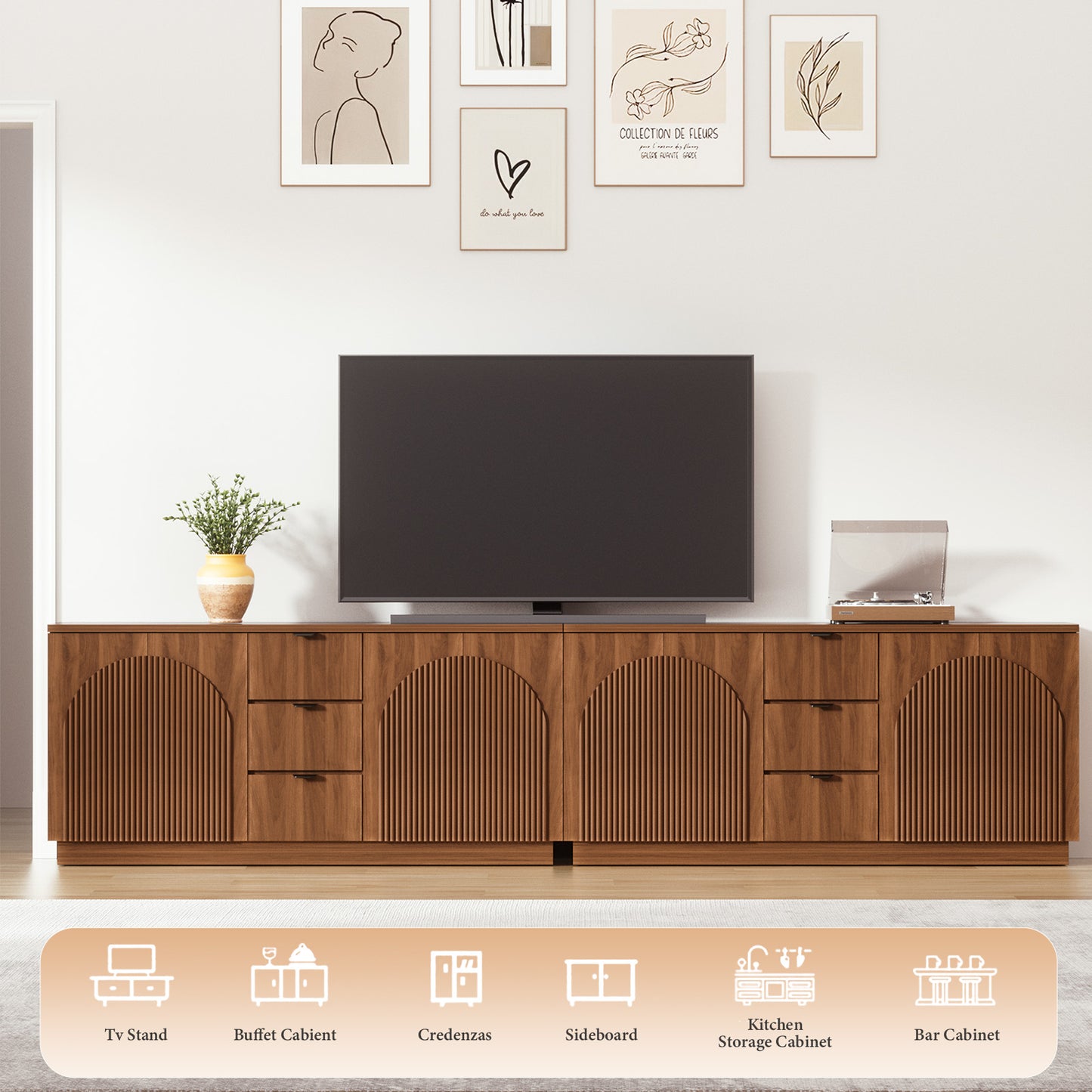 Brafabhome 67" Fluted Sideboard Buffet Cabinet with 3 Drawers, Modern Credenza Storage Cabinet with Arched Reeded Design Doors & Adjustable Shelves