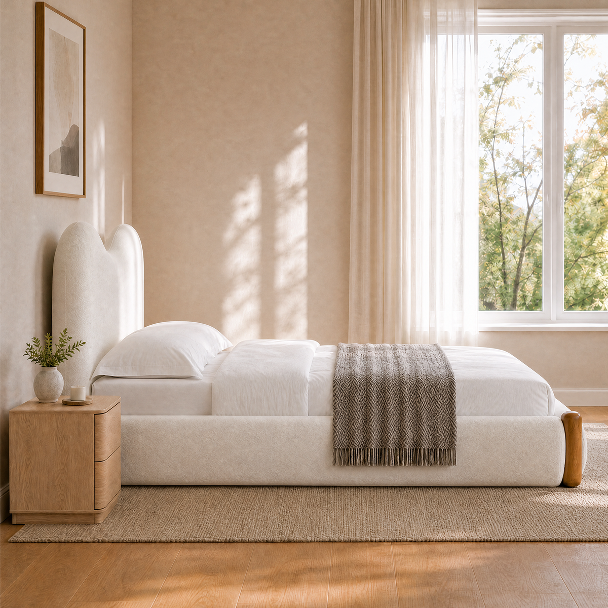 Brafabhome AirFrame Bed Frame with 5.5" Thick Curved Headboard, Modern Cloud Upholstered Platform Bed Frame with Solid Wood Legs, No Box Spring Needed, Easy Assembly | White