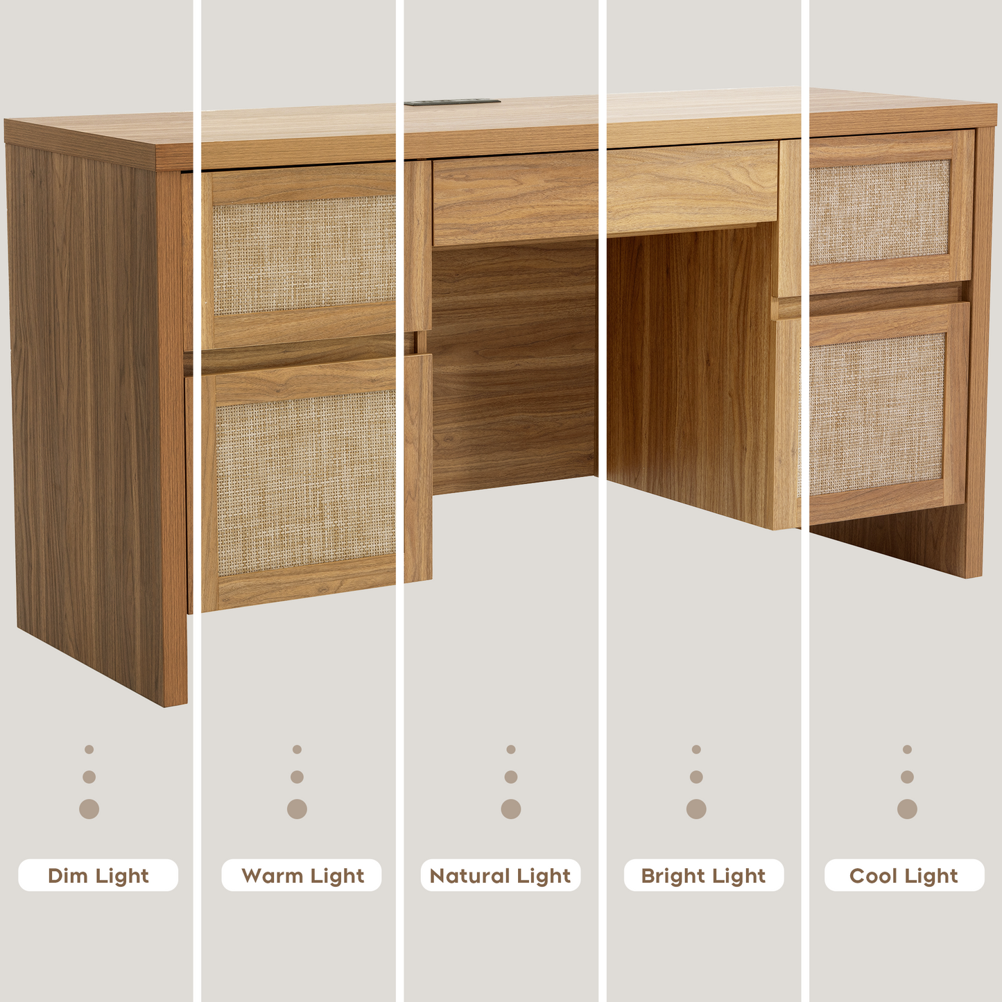 Brafabhome 57" Rattan Executive Desk with 5 Storage Drawers, Modern Study Writing Table Wooden Computer Desks with Charging Station for Home Office Bedroom