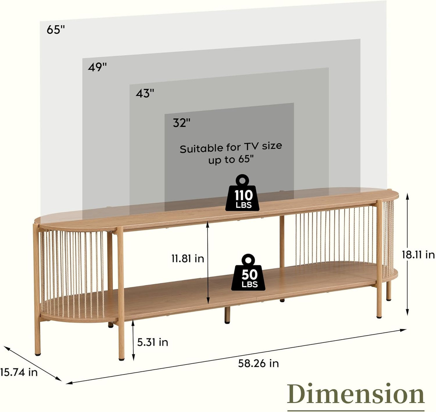 Brafabhome Oval Boho TV Console, Mid-Century Modern, Up to 65", Hand-Woven Ropes, Sturdy Steel Leg