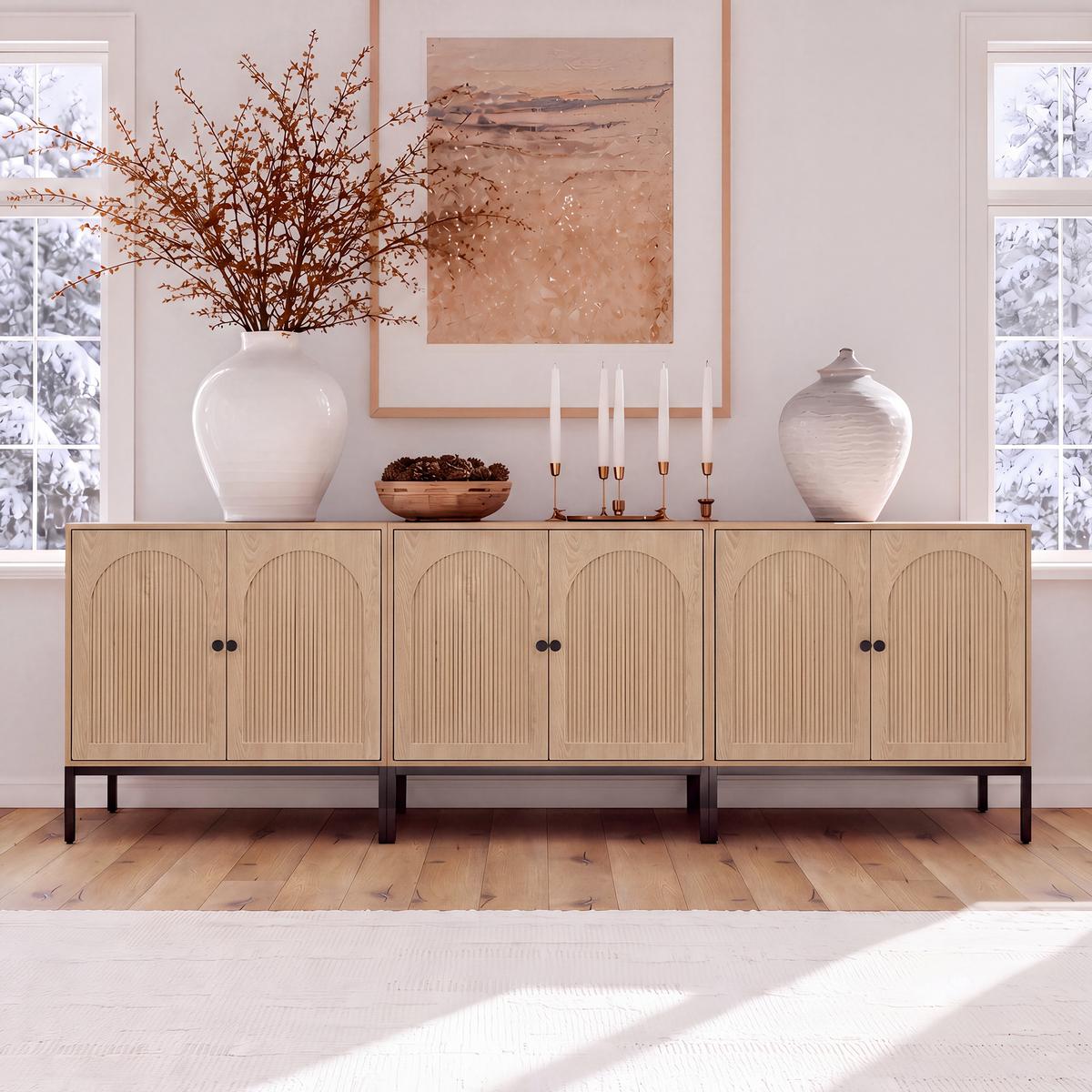 Brafabhome Modern Fluted Arched Buffet Cabinet with Storage, 31.5" Wide Wooden Modular Sideboard Cabinet with Adjustable footpads for Living Room Dining Room