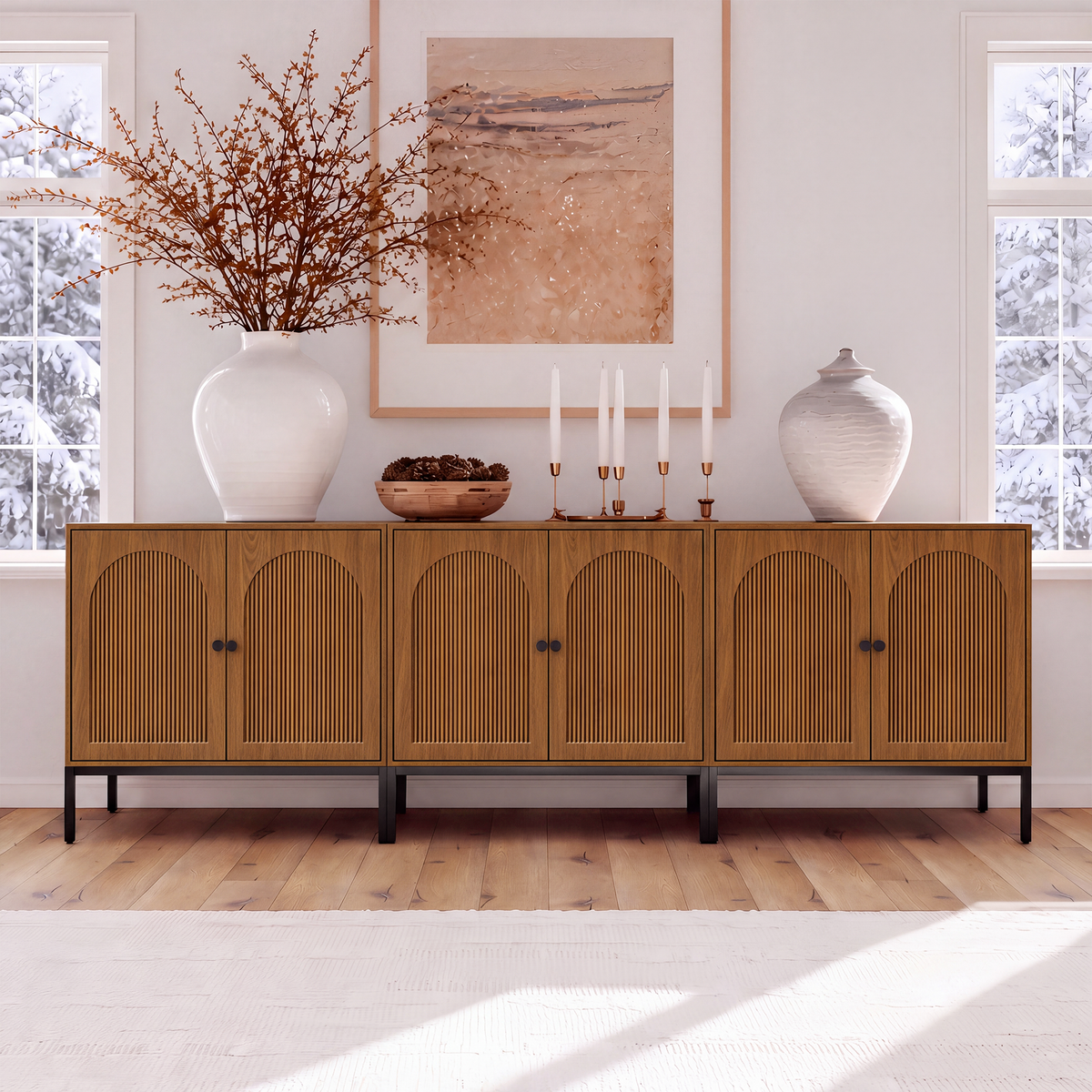 Brafabhome Modern Fluted Arched Buffet Cabinet with Storage, 31.5" Wide Wooden Modular Sideboard Cabinet with Adjustable footpads for Living Room Dining Room