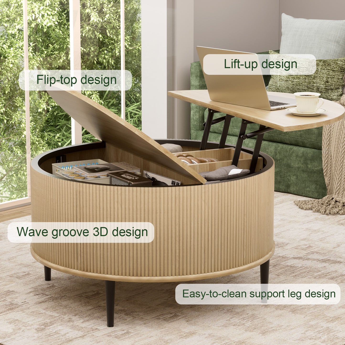 Brafabhome Round Lift Top Coffee Table with Storage, 31.5" Flip-top Fluted Cocktail Table, Mid-Century Modern Center Table for Living Room