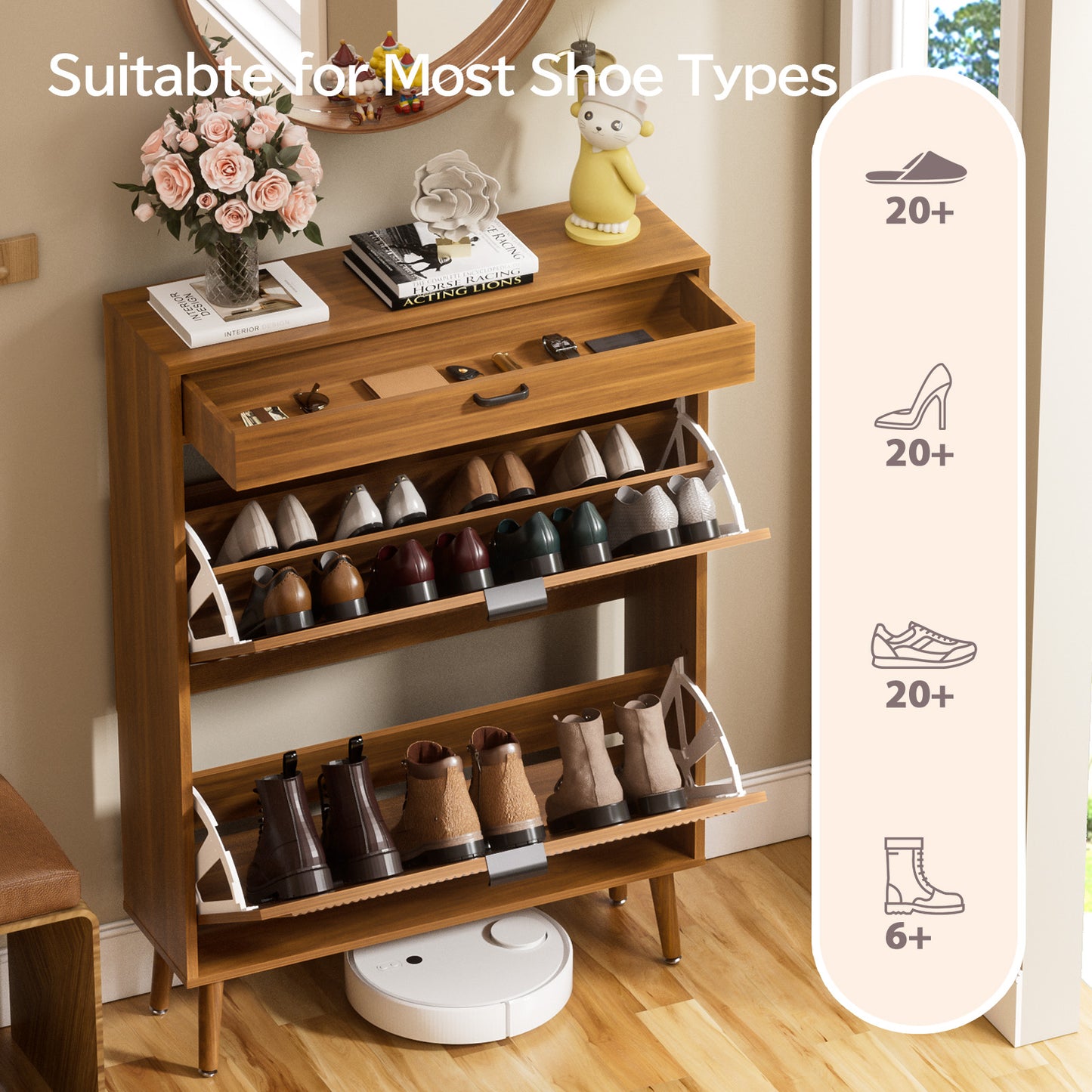 Brafabhome Shoe Storage Cabinet with Arched Wavy Flip Drawers, Walnut Freestanding Shoe Rack Slim Entryway Shoe Organizer with Adjustable Shelf, 12 Pairs