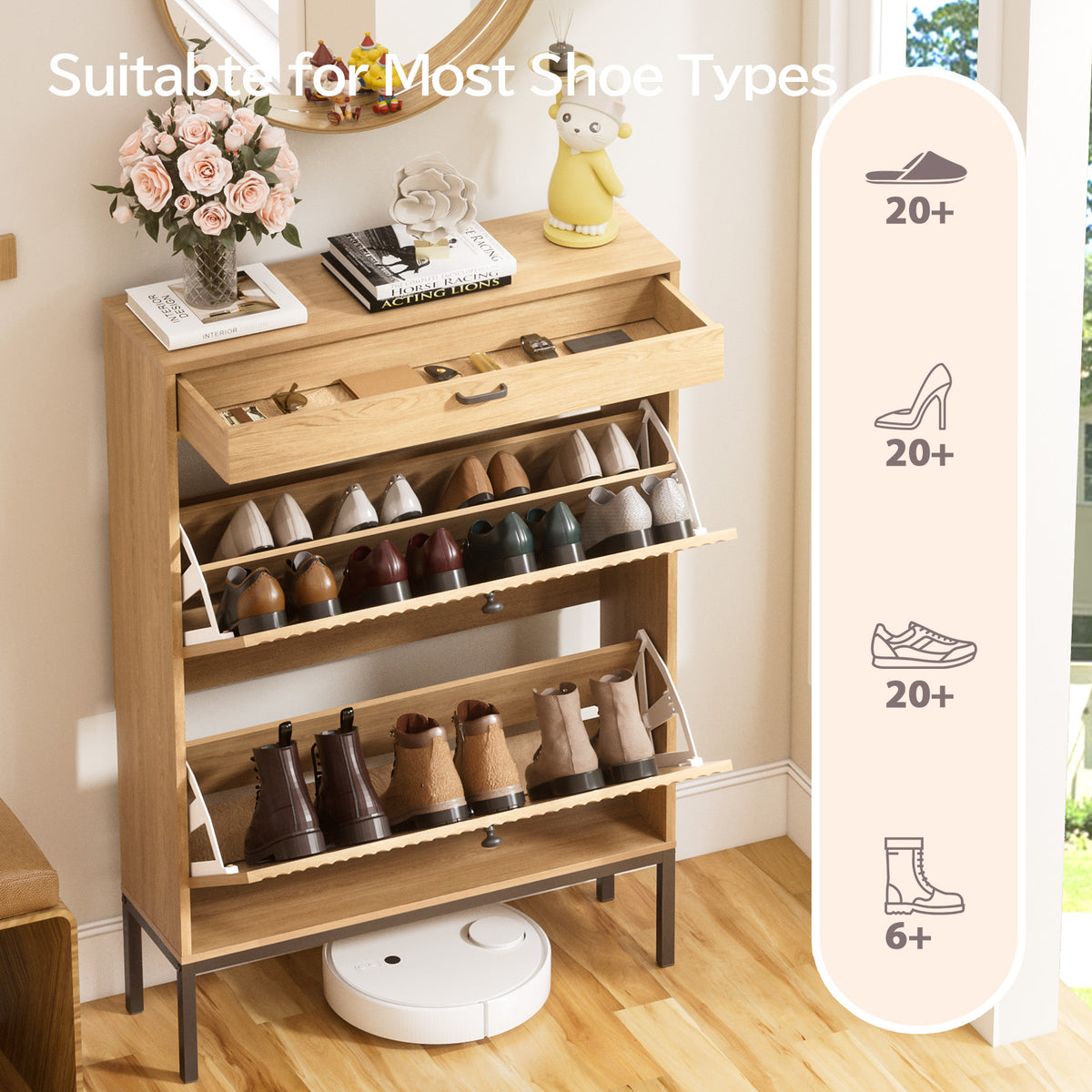 Brafabhome Shoe Storage Cabinet Slim Entryway Shoe Organizer with Half linear Circle Doors
