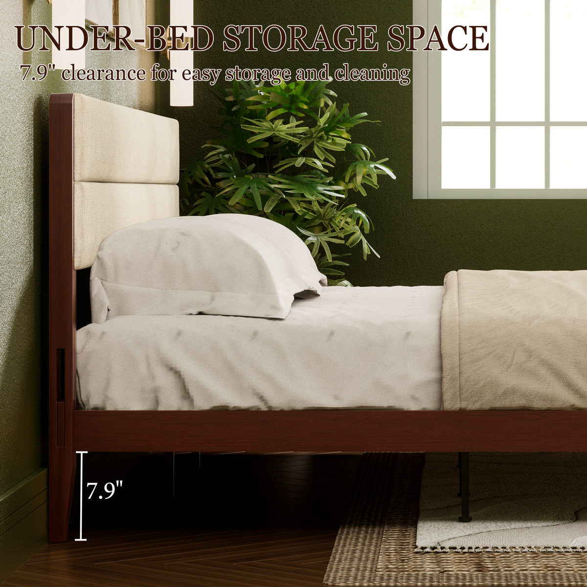 Brafabhome Bed Frame with Upholstered Headboard, Joinery Bamboo Wood Platform Bed with Noise Free Wood Slats, No Box Spring Needed, Easy Assembly