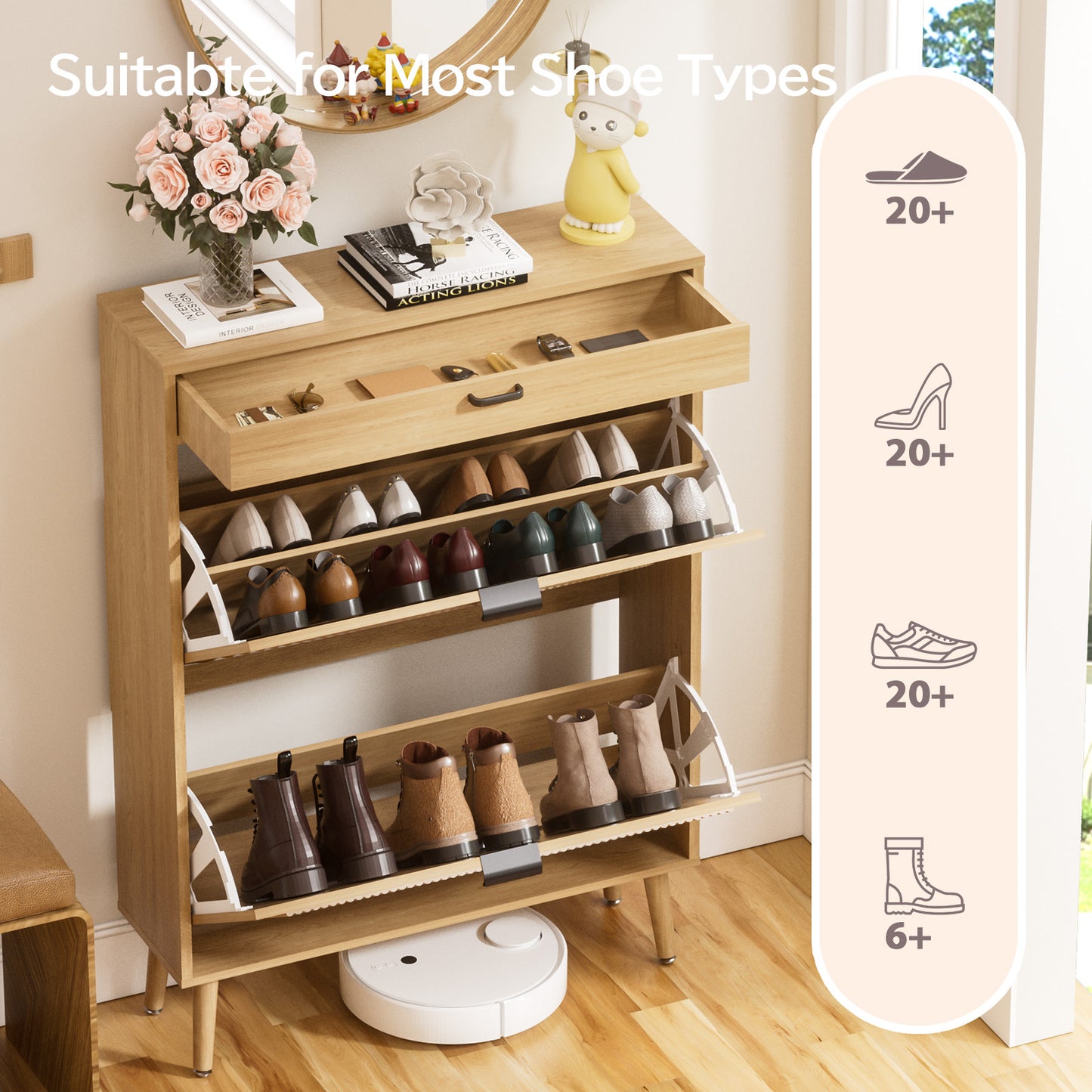 Brafabhome Shoe Storage Cabinet with Arched Wavy Flip Drawers, Walnut Freestanding Shoe Rack Slim Entryway Shoe Organizer with Adjustable Shelf, 12 Pairs