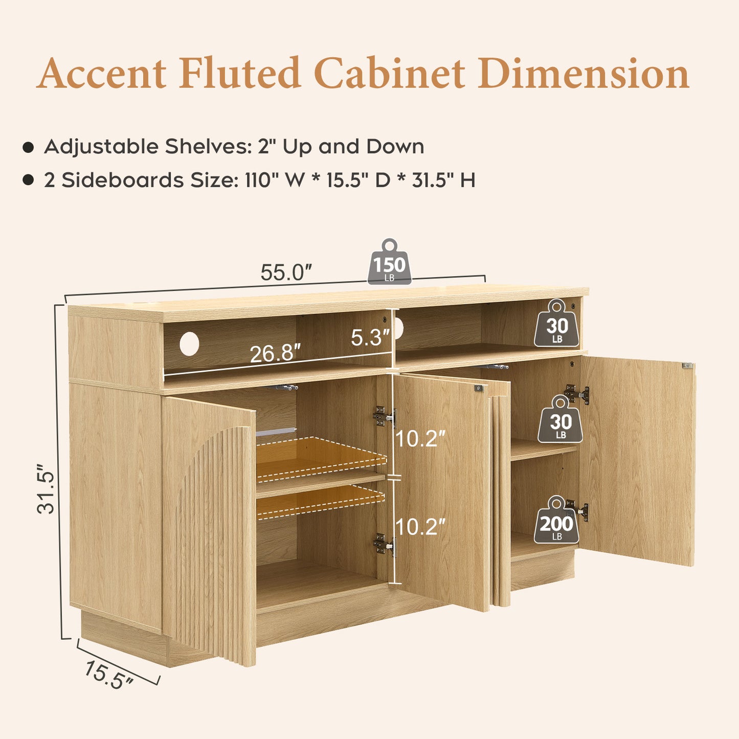 Brafabhome 55" Fluted Sideboard Buffet Cabinet with Arched Reeded Doors, Modern Credenza Storage Cabinet with Open Storage & Adjustable Shelves for Living Room & Dinning Room
