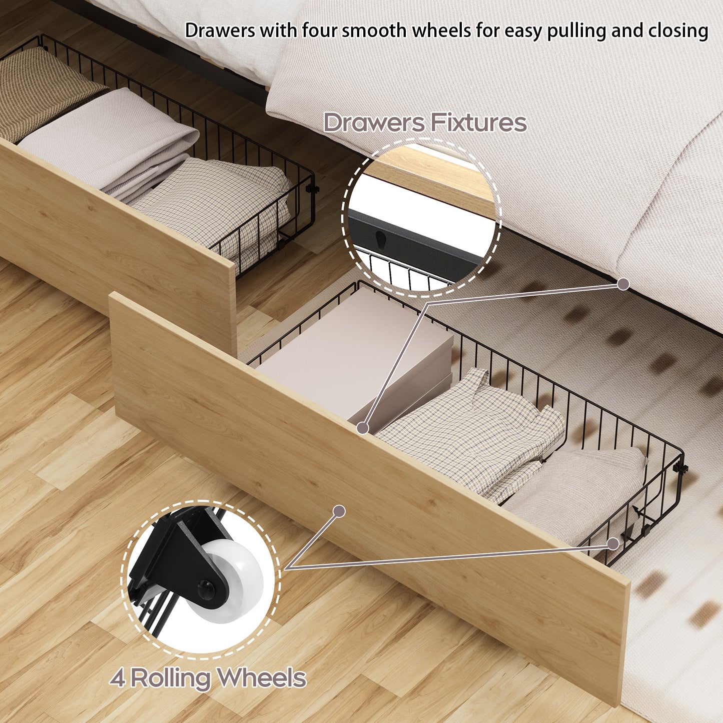 Brafabhome Rattan Bed Frames with Headboard, Wood Platform Bed Frame with 4 Storage Drawers, Mattress Foundation Noise-Free | Beige