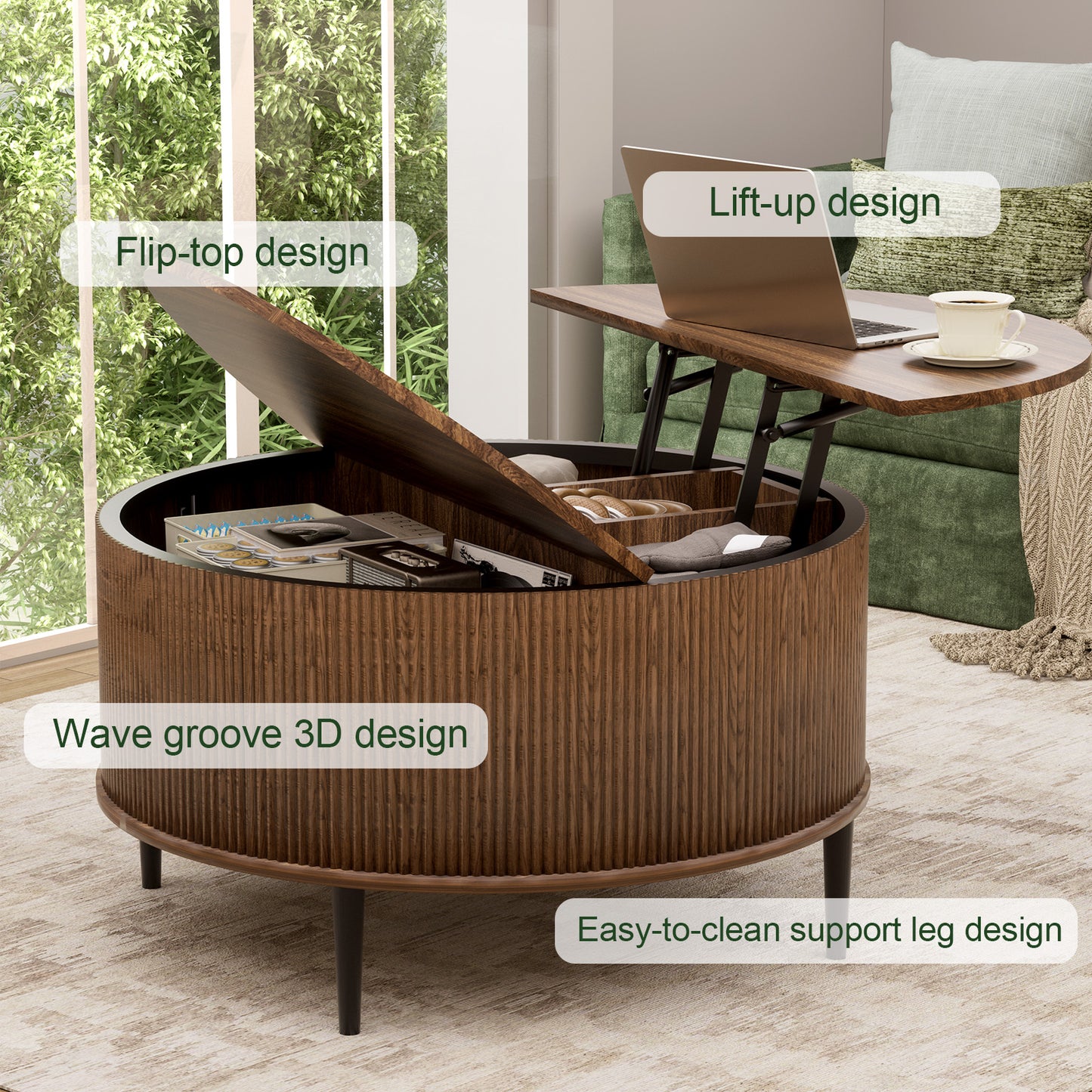 Brafabhome Round Lift Top Coffee Table with Storage, 31.5" Flip-top Fluted Cocktail Table, Mid-Century Modern Center Table for Living Room