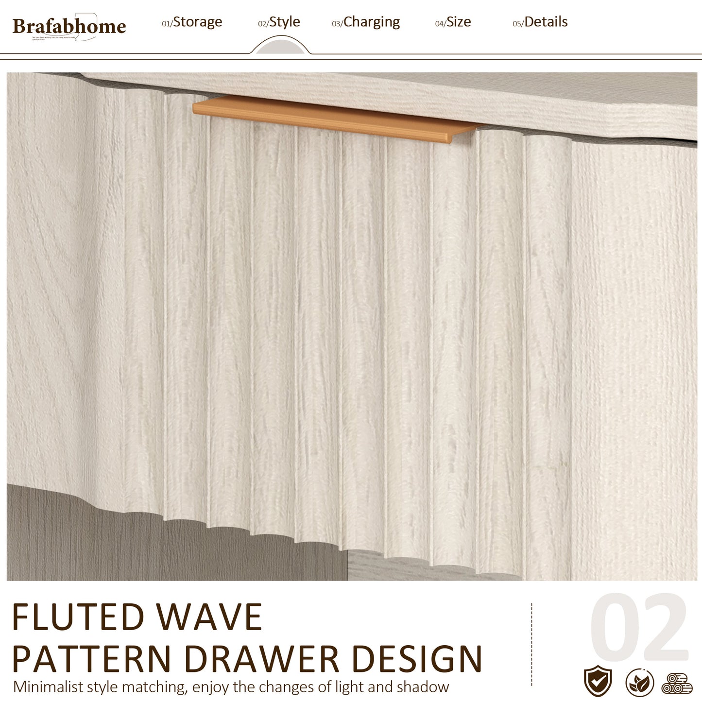 rafabhome Curved Profile Fluted Nightstand with Charging Station, Modern Large Nightstands with Drawer, Wood Bedside Table with Open Shelf for Bedroom Living Room Home Office