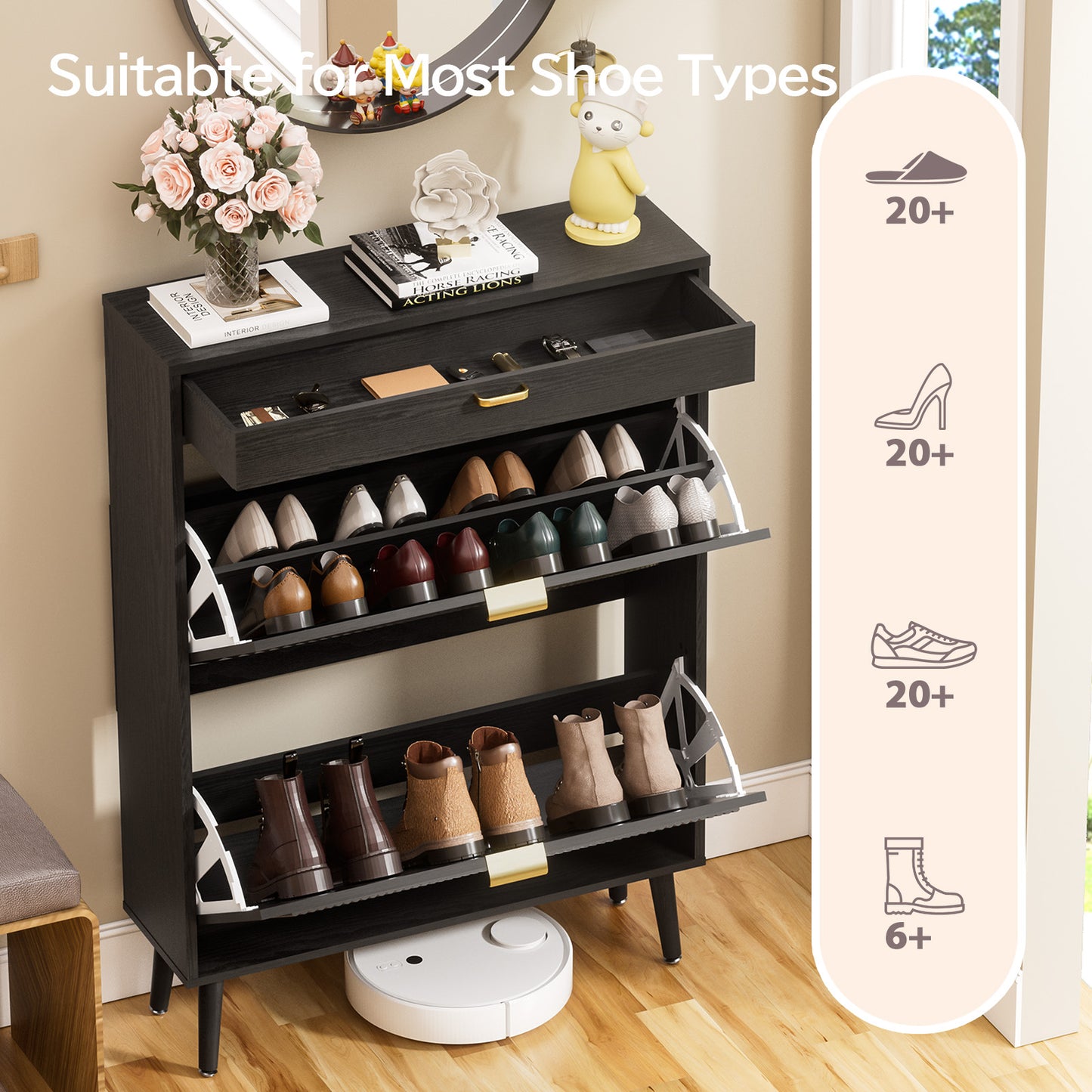 Brafabhome Shoe Storage Cabinet with Arched Wavy Flip Drawers, Walnut Freestanding Shoe Rack Slim Entryway Shoe Organizer with Adjustable Shelf, 12 Pairs