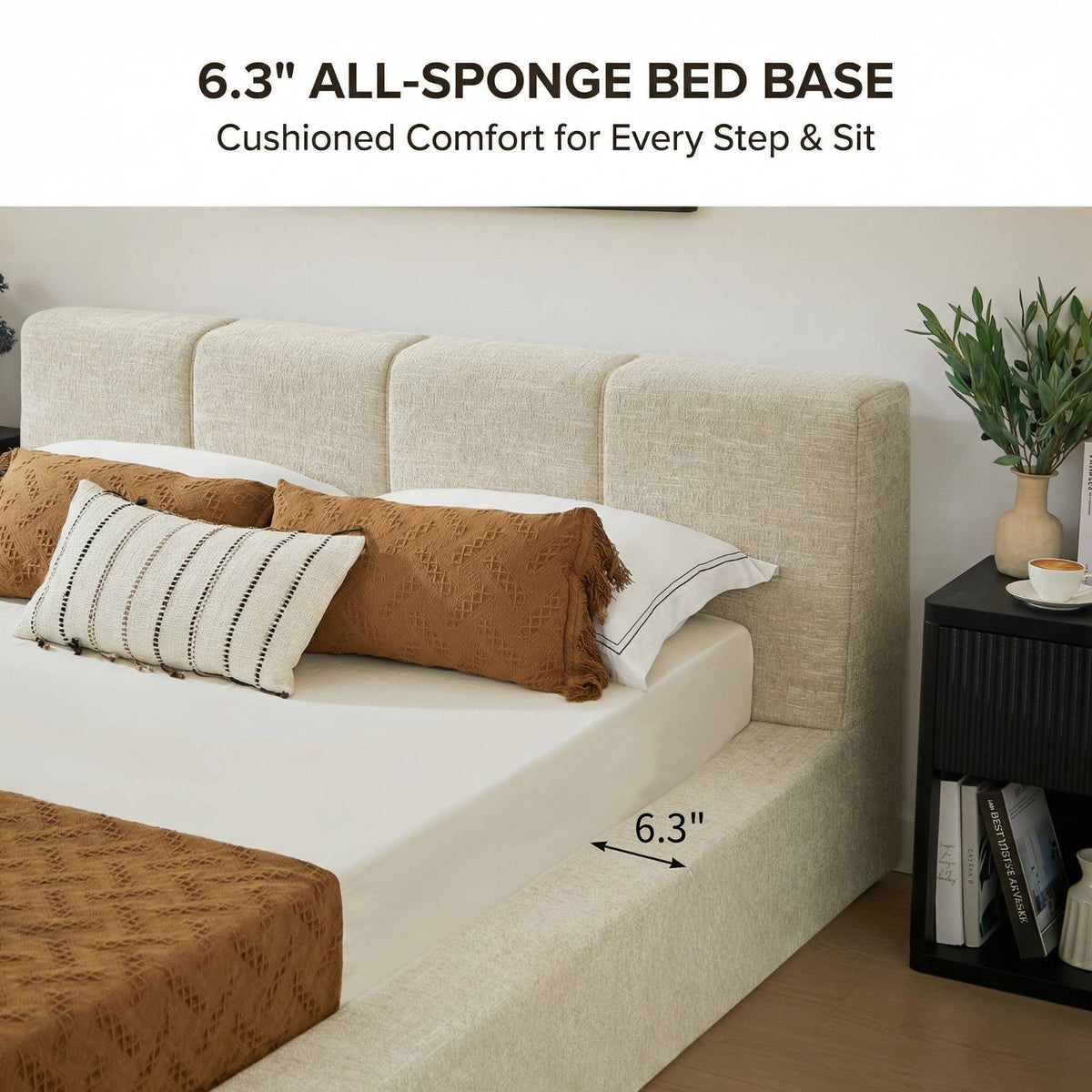 Brafabhome Cloud Queen Bed Frame with Upholstered Headboard, Modern Platform Bed with 6.3" Thick Fully Padded, No Box Spring Needed, Tool-Free Assembly | Khaki